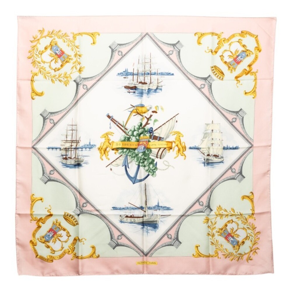 Hermes Carre 90 Bordeaux Porte Oceane (City Entrance) Scarf/Muffler, Pink Mul...